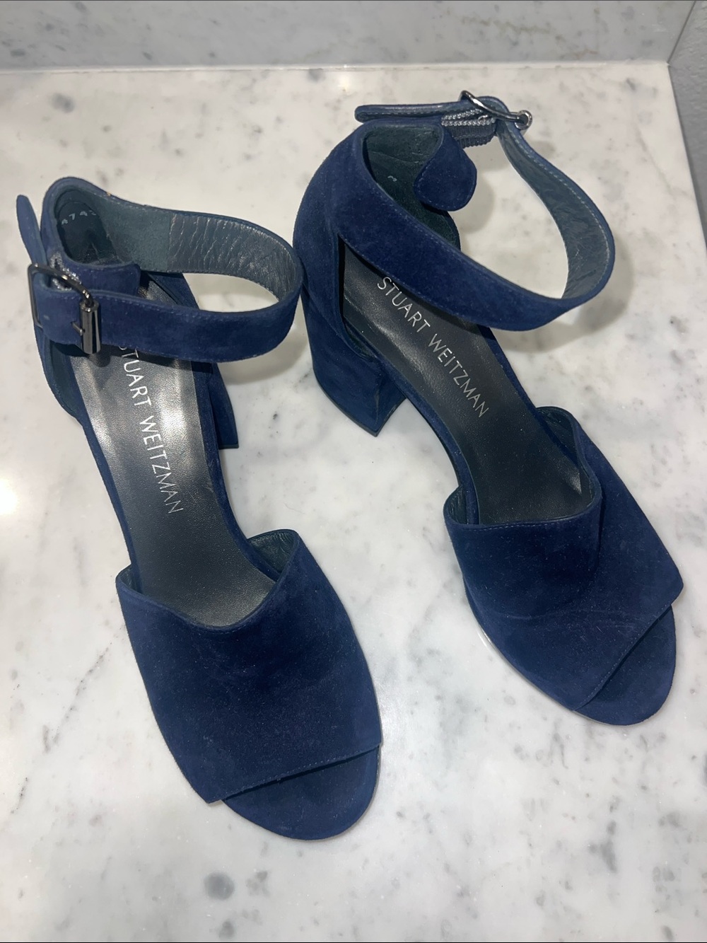 Stuart Weitzman Navy Suede Open-Toe Block Heel Sandals